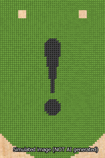A simulated image of the stitched needlepoint design: Banner 13m Curved Exclamation Black on Light Green. Not A.I. generated.