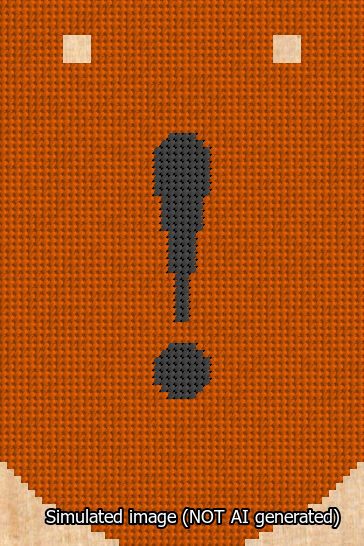 A simulated image of the stitched needlepoint design: Banner 13m Curved Exclamation Black on Orange. Not A.I. generated.