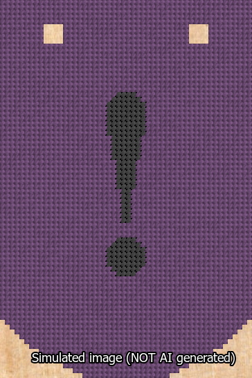 A simulated image of the stitched needlepoint design: Banner 13m Curved Exclamation Black on Purple. Not A.I. generated.