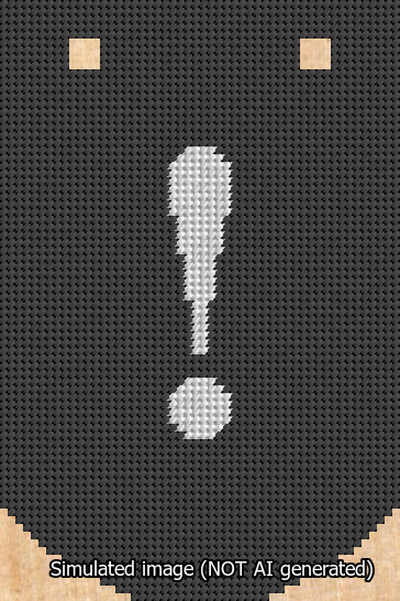 A simulated image of the stitched needlepoint design: Banner 13m Curved Exclamation White on Black. Not A.I. generated.