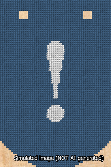 A simulated image of the stitched needlepoint design: Banner 13m Curved Exclamation White on Blue. Not A.I. generated.