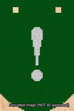A simulated image of the stitched needlepoint design: Banner 13m Curved Exclamation White on Green. Not A.I. generated.