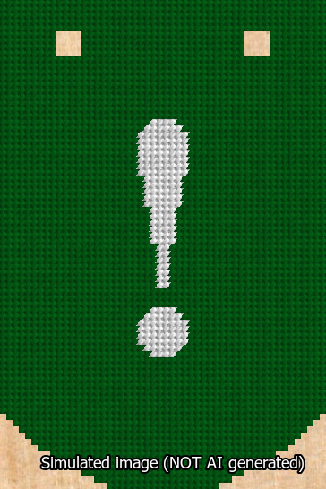 A simulated image of the stitched needlepoint design: Banner 13m Curved Exclamation White on Green. Not A.I. generated.