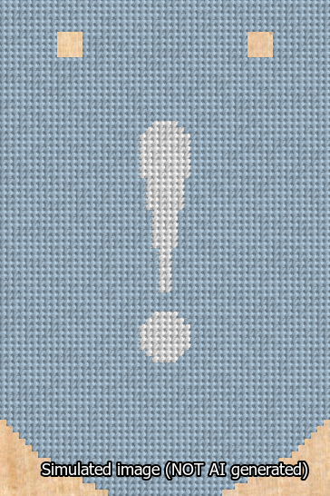 A simulated image of the stitched needlepoint design: Banner 13m Curved Exclamation White on Light Blue. Not A.I. generated.