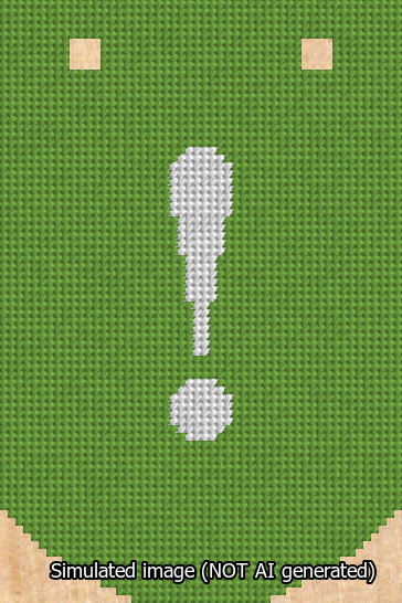 A simulated image of the stitched needlepoint design: Banner 13m Curved Exclamation White on Light Green. Not A.I. generated.