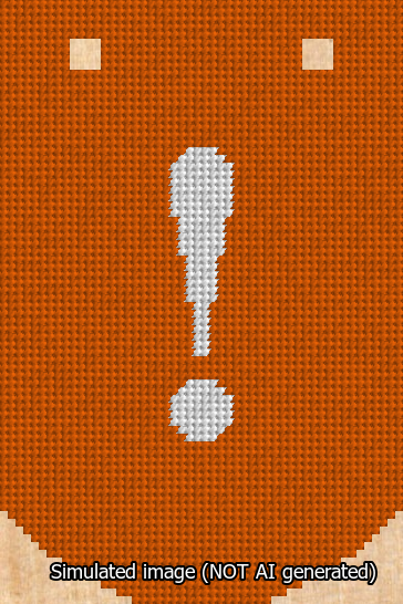A simulated image of the stitched needlepoint design: Banner 13m Curved Exclamation White on Orange. Not A.I. generated.