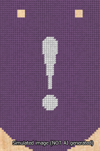 A simulated image of the stitched needlepoint design: Banner 13m Curved Exclamation White on Purple. Not A.I. generated.