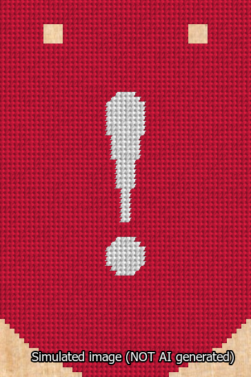 A simulated image of the stitched needlepoint design: Banner 13m Curved Exclamation White on Red. Not A.I. generated.
