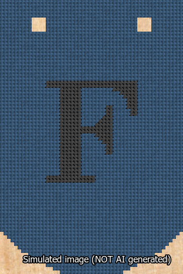 A simulated image of the stitched needlepoint design: Banner 13m Curved F Black on Blue. Not A.I. generated.