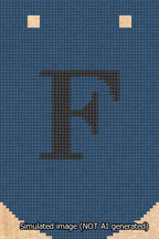 A simulated image of the stitched needlepoint design: Banner 13m Curved F Black on Blue. Not A.I. generated.