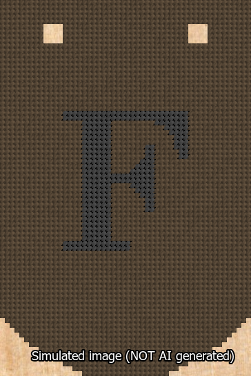 A simulated image of the stitched needlepoint design: Banner 13m Curved F Black on Brown. Not A.I. generated.