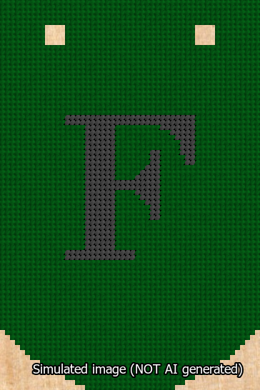 A simulated image of the stitched needlepoint design: Banner 13m Curved F Black on Green. Not A.I. generated.