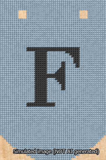 A simulated image of the stitched needlepoint design: Banner 13m Curved F Black on Light Blue. Not A.I. generated.