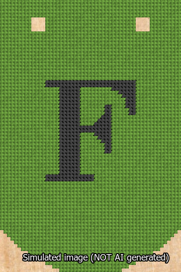 A simulated image of the stitched needlepoint design: Banner 13m Curved F Black on Light Green. Not A.I. generated.