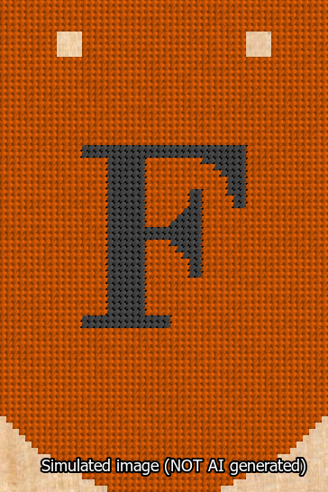 A simulated image of the stitched needlepoint design: Banner 13m Curved F Black on Orange. Not A.I. generated.