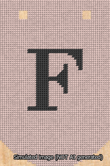 A simulated image of the stitched needlepoint design: Banner 13m Curved F Black on Pink. Not A.I. generated.