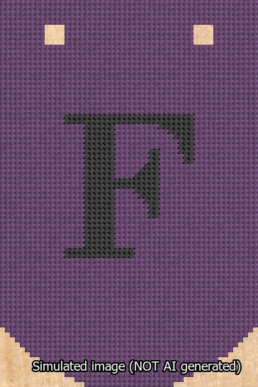 A simulated image of the stitched needlepoint design: Banner 13m Curved F Black on Purple. Not A.I. generated.