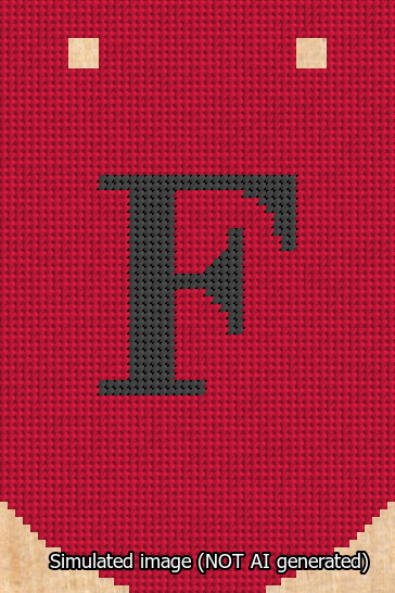 A simulated image of the stitched needlepoint design: Banner 13m Curved F Black on Red. Not A.I. generated.