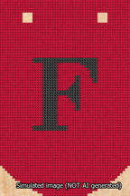 A simulated image of the stitched needlepoint design: Banner 13m Curved F Black on Red. Not A.I. generated.