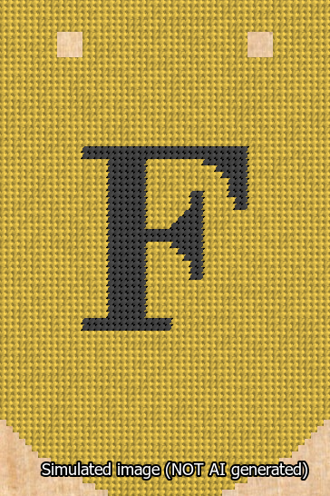 A simulated image of the stitched needlepoint design: Banner 13m Curved F Black on Yellow. Not A.I. generated.