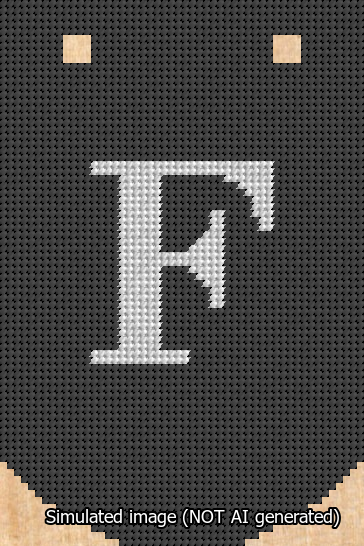 A simulated image of the stitched needlepoint design: Banner 13m Curved F White on Black. Not A.I. generated.