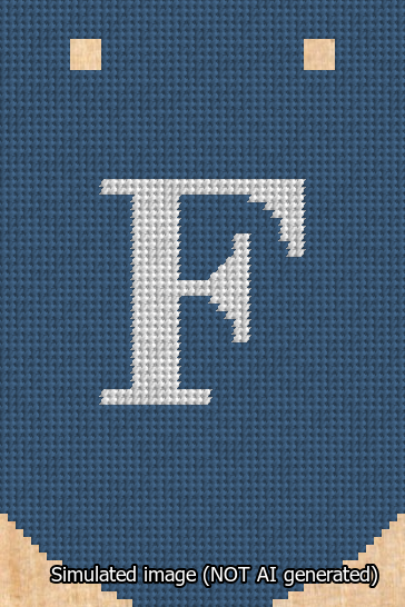 A simulated image of the stitched needlepoint design: Banner 13m Curved F White on Blue. Not A.I. generated.
