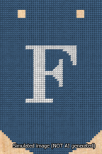 A simulated image of the stitched needlepoint design: Banner 13m Curved F White on Blue. Not A.I. generated.