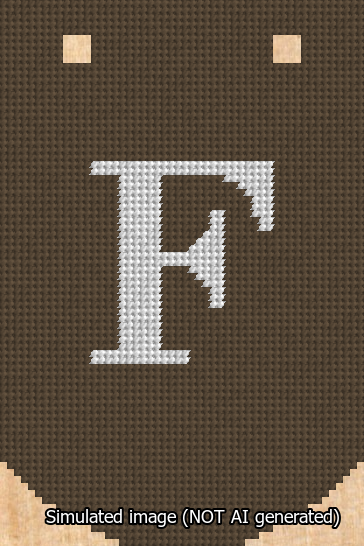 A simulated image of the stitched needlepoint design: Banner 13m Curved F White on Brown. Not A.I. generated.