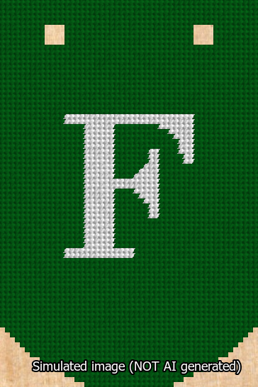 A simulated image of the stitched needlepoint design: Banner 13m Curved F White on Green. Not A.I. generated.