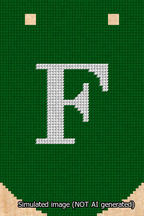 A simulated image of the stitched needlepoint design: Banner 13m Curved F White on Green. Not A.I. generated.