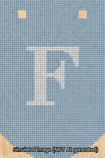 A simulated image of the stitched needlepoint design: Banner 13m Curved F White on Light Blue. Not A.I. generated.