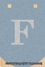 A simulated image of the stitched needlepoint design: Banner 13m Curved F White on Light Blue. Not A.I. generated.