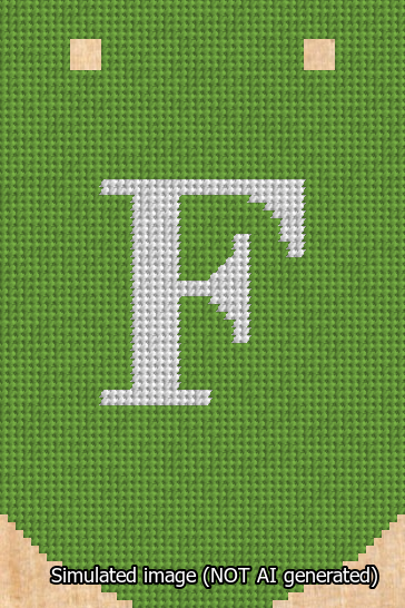 A simulated image of the stitched needlepoint design: Banner 13m Curved F White on Light Green. Not A.I. generated.