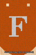 A simulated image of the stitched needlepoint design: Banner 13m Curved F White on Orange. Not A.I. generated.