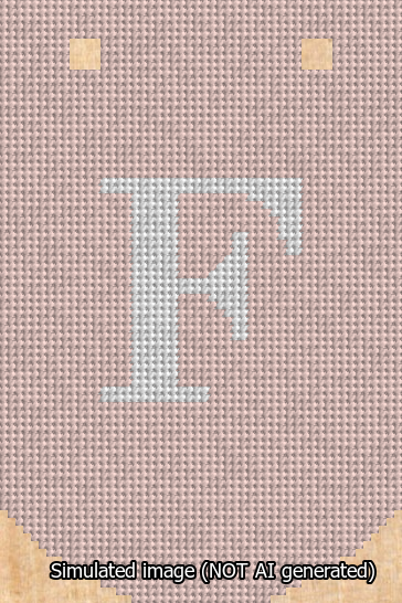 A simulated image of the stitched needlepoint design: Banner 13m Curved F White on Pink. Not A.I. generated.