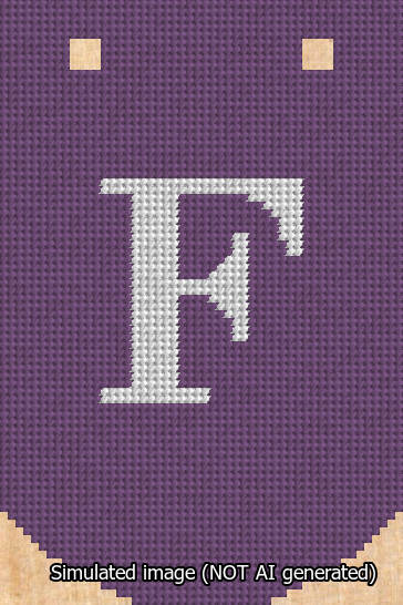 A simulated image of the stitched needlepoint design: Banner 13m Curved F White on Purple. Not A.I. generated.