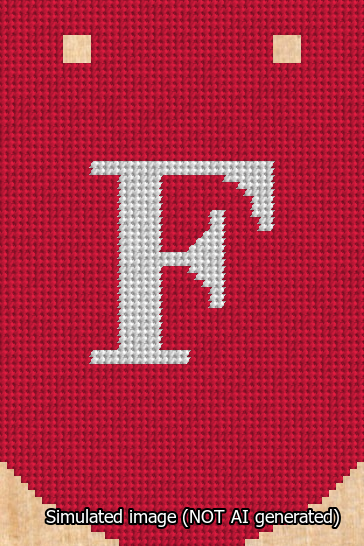 A simulated image of the stitched needlepoint design: Banner 13m Curved F White on Red. Not A.I. generated.