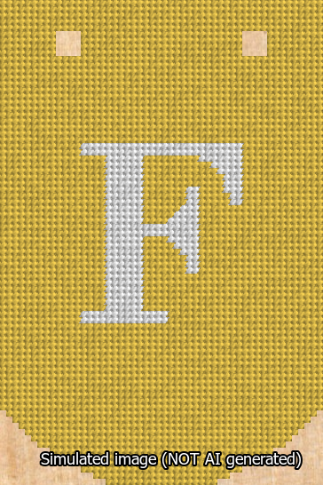 A simulated image of the stitched needlepoint design: Banner 13m Curved F White on Yellow. Not A.I. generated.