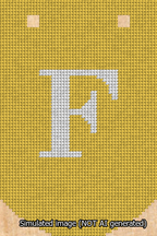 A simulated image of the stitched needlepoint design: Banner 13m Curved F White on Yellow. Not A.I. generated.