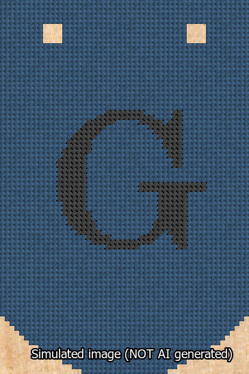 A simulated image of the stitched needlepoint design: Banner 13m Curved G Black on Blue. Not A.I. generated.