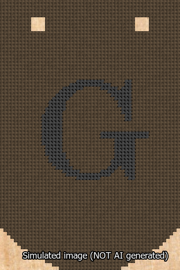 A simulated image of the stitched needlepoint design: Banner 13m Curved G Black on Brown. Not A.I. generated.