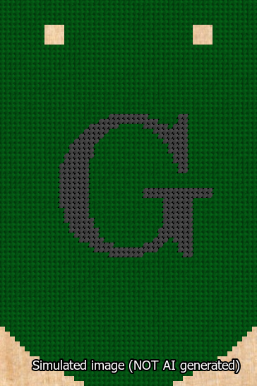 A simulated image of the stitched needlepoint design: Banner 13m Curved G Black on Green. Not A.I. generated.