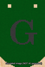 A simulated image of the stitched needlepoint design: Banner 13m Curved G Black on Green. Not A.I. generated.