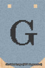 A simulated image of the stitched needlepoint design: Banner 13m Curved G Black on Light Blue. Not A.I. generated.
