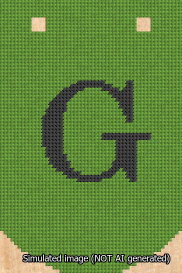 A simulated image of the stitched needlepoint design: Banner 13m Curved G Black on Light Green. Not A.I. generated.