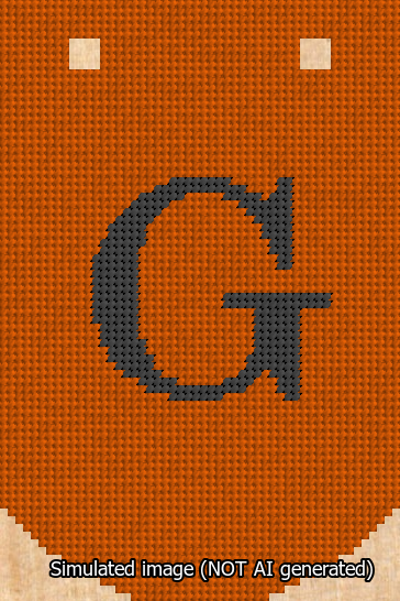 A simulated image of the stitched needlepoint design: Banner 13m Curved G Black on Orange. Not A.I. generated.