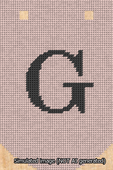 A simulated image of the stitched needlepoint design: Banner 13m Curved G Black on Pink. Not A.I. generated.