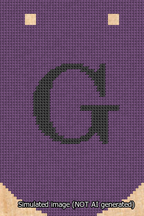 A simulated image of the stitched needlepoint design: Banner 13m Curved G Black on Purple. Not A.I. generated.
