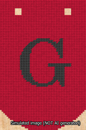 A simulated image of the stitched needlepoint design: Banner 13m Curved G Black on Red. Not A.I. generated.