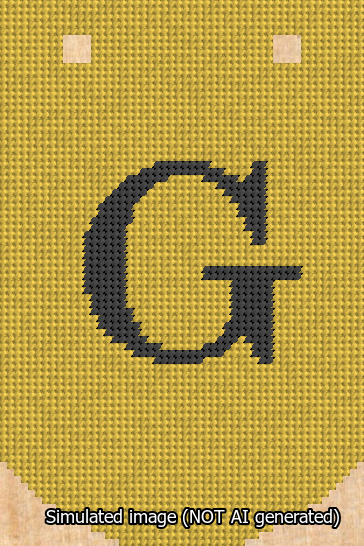 A simulated image of the stitched needlepoint design: Banner 13m Curved G Black on Yellow. Not A.I. generated.
